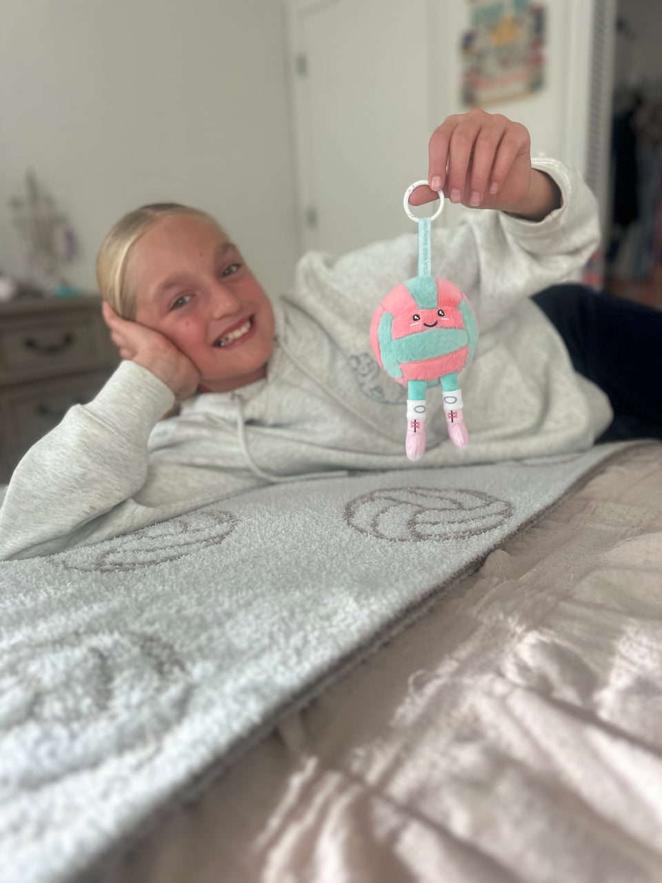 Mini Teal & Pink Plushie Charm – Volleyball Keychain